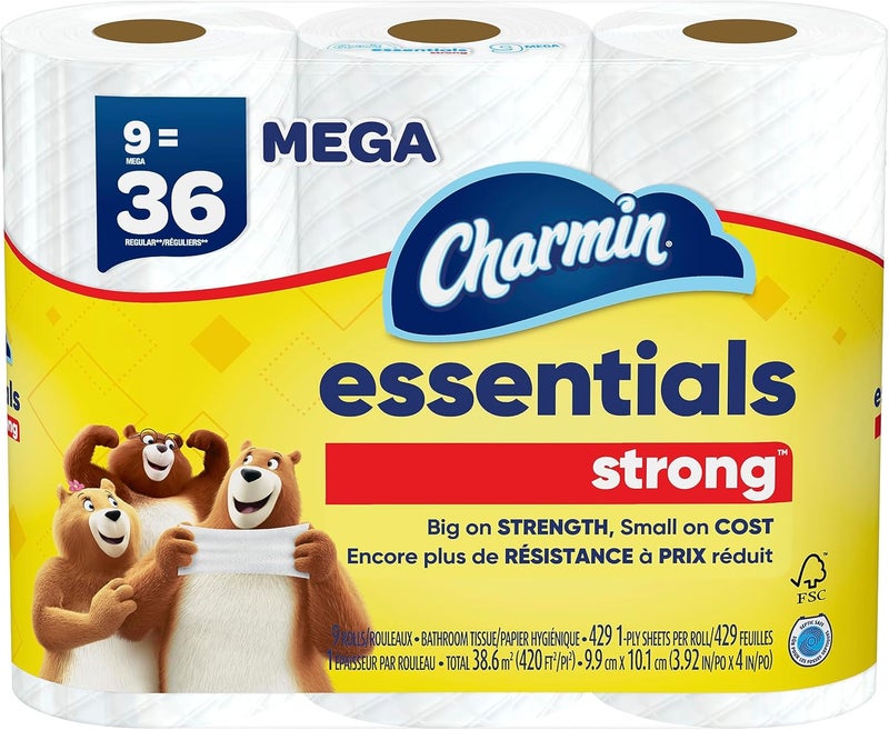 Charmin Essentials Strong Toilet Paper, 9 Mega Rolls = 36 Regular Rolls - Image 1